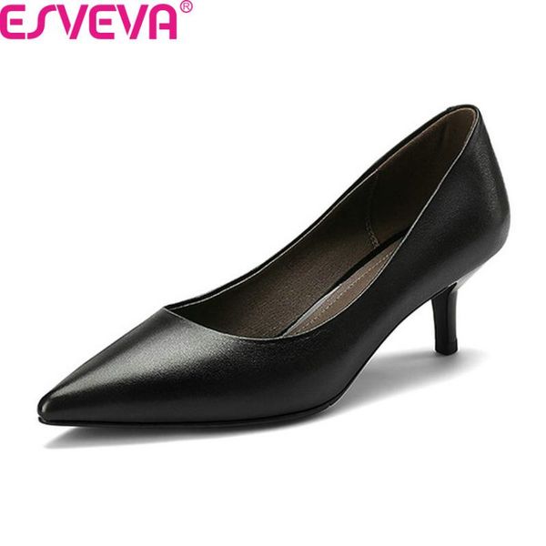 

women pumps all match genuine leather solid med heel elegant slip on dress pointed toe party ladies shoes size 34-39, Black