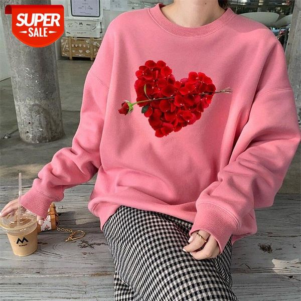 

popular pattern heart flower printed sweater plus fleece watermelon red #ck1r, Black