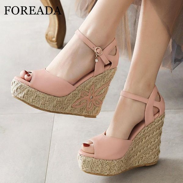 

dress shoes foreada sandals espadrille platform super high heels buckle wedges heel woman peep toe lady footwear large size 46, Black