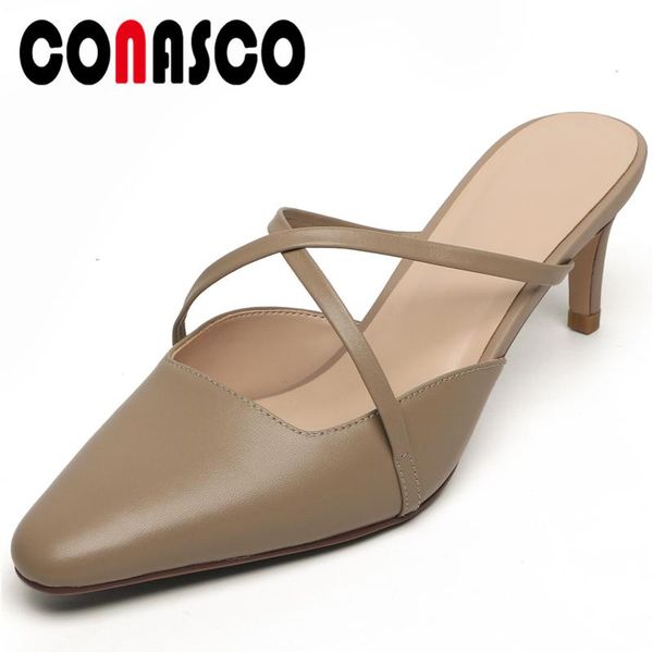 

genuine leather women sandals fashion elegant concise casual high heels slippers cross-tied summer 2021 shoes woman, Black