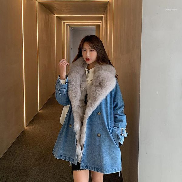 

winter thick denim jacket warm 100% natural fur lined parka real coat women with belt1, Black