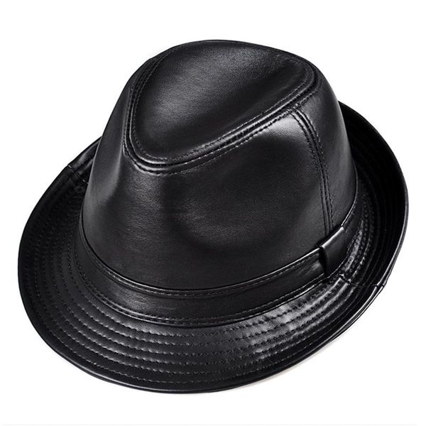 Chapéus britânicos de couro genuíno de inverno Stetson Fedoras de aba larga para homens/mulheres Gentman preto 55-61 cm ajustados Jazz Hip- Gorras