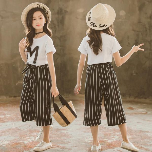

clothing sets telotunychildren's (3-13y)teen kids girls letter sequin t-shirt short sleeve stripe wide leg pants outfits set jun, White