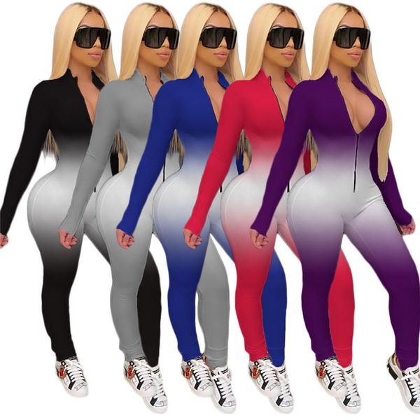 

women's jumpsuits & rompers women gradient print bodysuit zipper v-neck long sleeve sport fashion bodycon jumpsuit one piece overalls r, Black;white