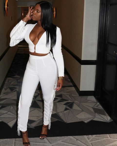 

piece set women tassel long sleeve crop pants casual deep v neck women's two, White