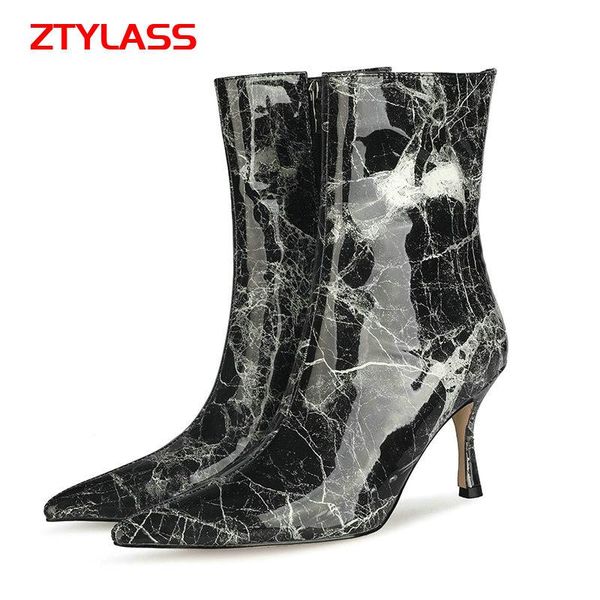 

boots fashion marbling ankle patent leather high heel women spring autumn zipper woman shoes big size 42 43, Black