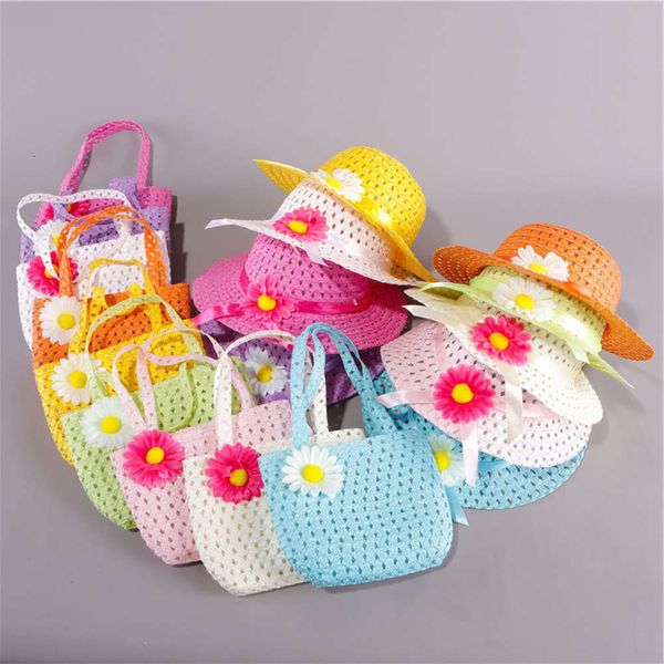 

sun hat for children sunflower children's bag set summer girl's straw beach hat, Yellow