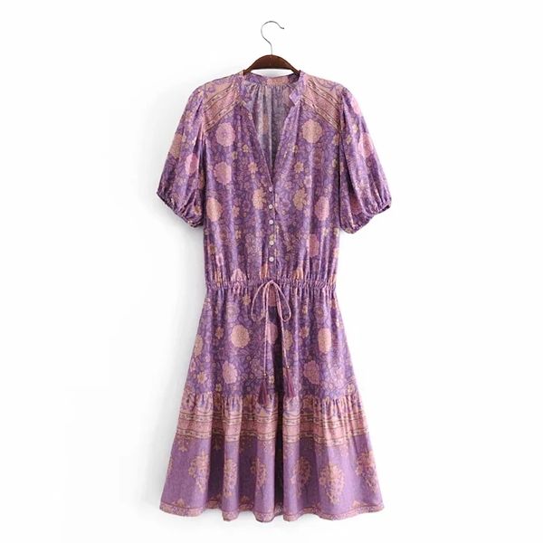 

women za spring bohemian v-neck dress single breasted floral printed ruffles minidresses ladies rayon boho beach party 210521, Black;gray
