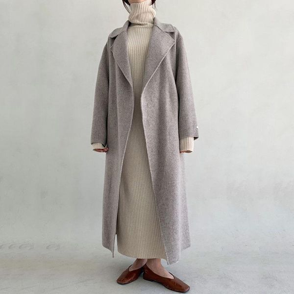 

women's wool & blends [ewq] korea chic autumn black lapel loose lace up waist over knee long sleeve cardigan gray woolen coat female wi
