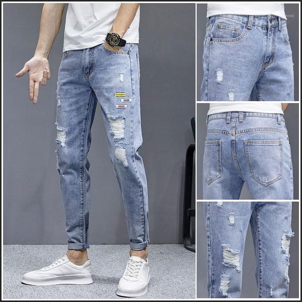 

men's pants spring 2021 ripped nine-cent jeans for men slim and small feet leisure summer beggars logo long trousers, Black