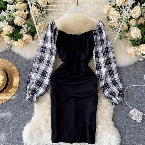 

women's autumn dress plaid patchwork puff sleeve pleated square collar slim mini female vestidos pl486 210506, Black;gray