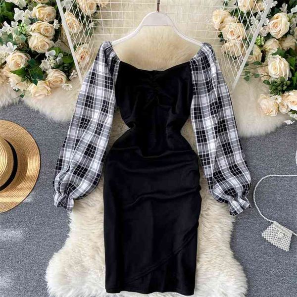 Frauen Herbst Kleid Plaid Patchwork Puff Sleeve Plissee Quadrat Kragen Schlank Sexy Mini Weibliche Vestidos PL486 210506