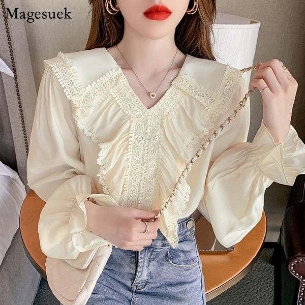 

women's blouses & shirts 2021 autumn ruffled women chiffon shirt long sleeve v-neck lace stitching elegant solid crochet office lady 1, White