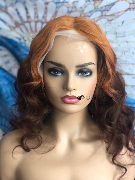 

unextar 13x4 highlight ombre color lace middle part wig brazilian wavy remy wigs human hair for women, Black;brown