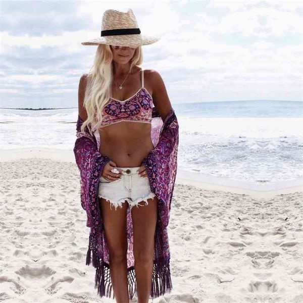 Прибытие на пляж накрыть цветочные романтические купальники дамы Pareo мыс фиолетовый кисточка платье шифон # Q149 210420