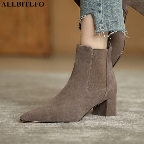 

boots allbitefo size 34-43 elastic band genuine leather ankle autumn winter street fashion women heels shoes, Black