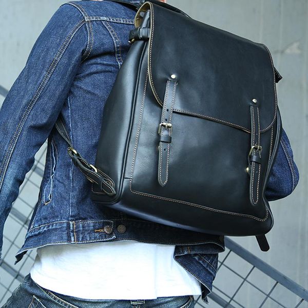 

backpack retro genuine leather men's lapbag school crazy horse travel backpacks
