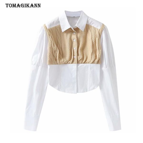 

women blouse sweater patchwork contrast color shirt 2021 spring fashion turn down collar puff sleeve fake two piece blusa women's blous, White