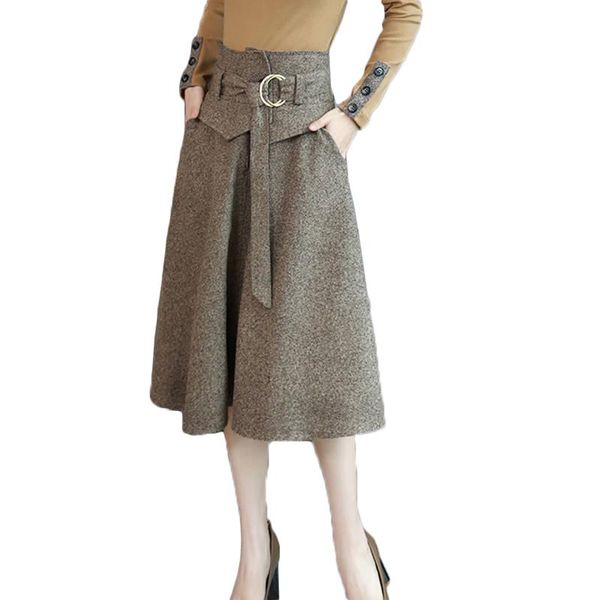 

skirts elegant midi woolen skirt women 2021 autumn winter high waist belted female long office work faldas mujer f223, Black