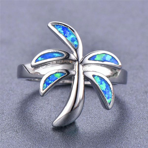 

cluster rings simple female blue opal stone ring cute silver color wedding dainty coconut tree thin engagement for women, Golden;silver