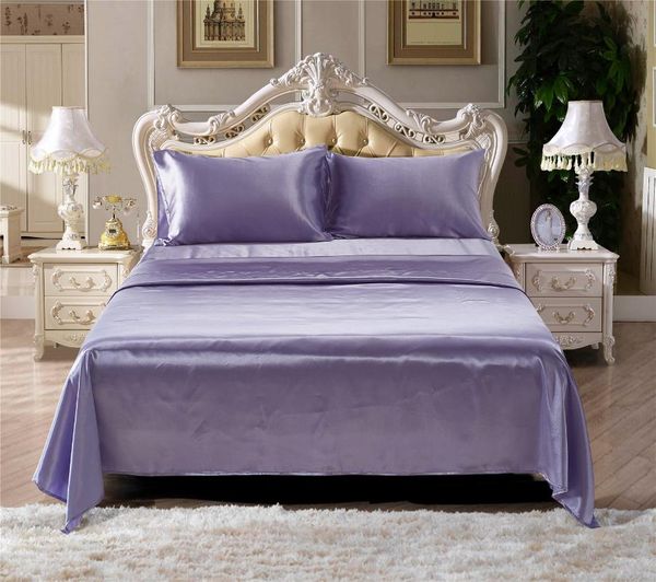 

drop sale summer solid color polyester satin fabric silky bed sheet set bedding supplies for girls bedroom decro sets
