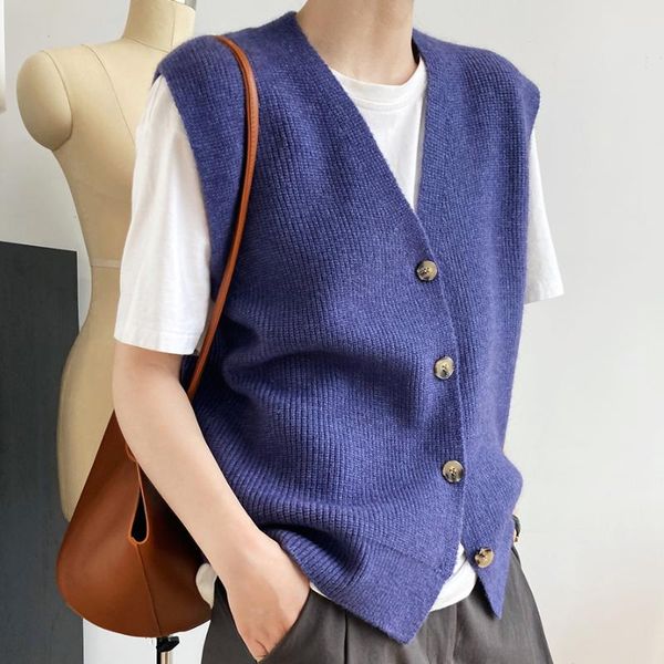 

women's vests 2021 autumn simple solid sweater vest women v-neck single breasted sleeveless knitted waistcoat vintage chic all-match gi, Black;white