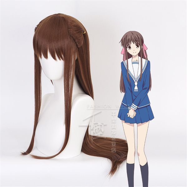 CESTINO DI FRUTTA Tohru Honda Costume Cosplay Parrucche Lungo Rettilineo Marrone Puntelli per capelli per feste Lolita ragazza Halloween Capelli sintetici + Cap