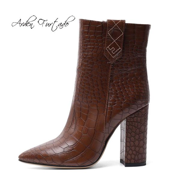 

boots arden furtado fashion women's shoes winter pointed toe chunky heels classics elegant ladies white yellow brown, Black