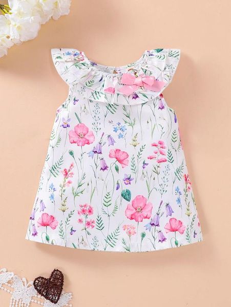 

baby floral print ruffle trim bow front dress she, Red;yellow