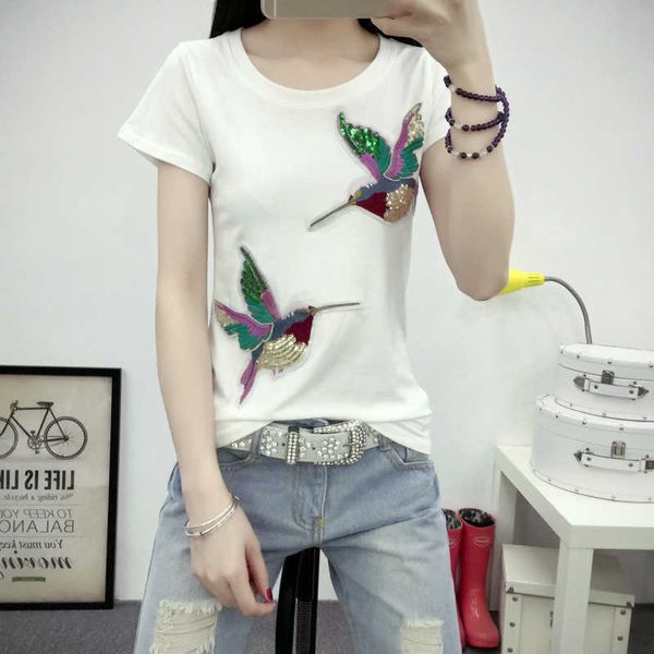

w2051 wind spring and summer 2020 three dimensional double flying color bird short sleeve cotton t-shirt women's slim top, White;black