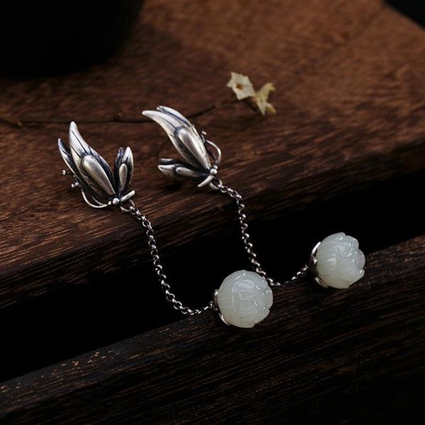 

dangle & chandelier natural hetian white jade lotus tassel bud earrings chinese style retro elegant light luxury charm women brand silver je