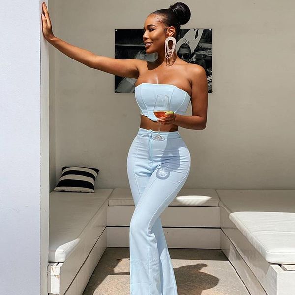 

women's tracksuits elegant flars pants set women boning bustier high waist long two piece summer party wear crop suits, Gray