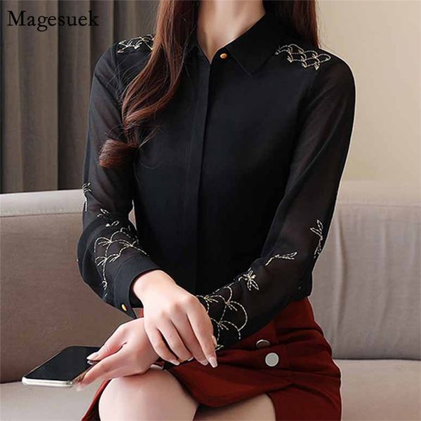 Mode Langarm schwarze Chiffonbluse Frauen koreanische bestickte feste Strickjacke Hemden Vintage weibliche Tops 8524 50 210512