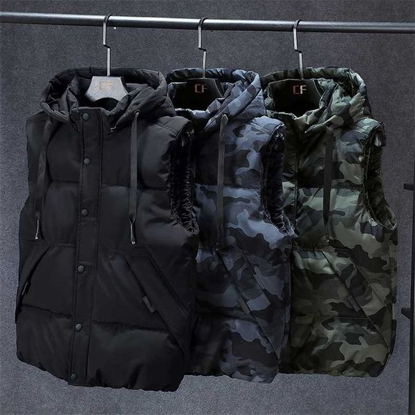 

mens winter vests men's sleeveless jacket thick camouflage vest casual hooded waistcoat male warm vests outwear plus size 7xl 211119, Black;white