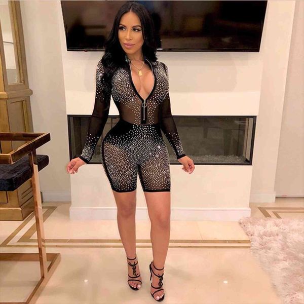 

mesh glitter rhinestones playsuit womens jumpsuit summer transparent zipper long sleeve night club, Black;white