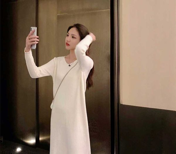 

casual dresses 2021 autumn winter knitted sweater dress korean women women's knidress midi, Black;gray
