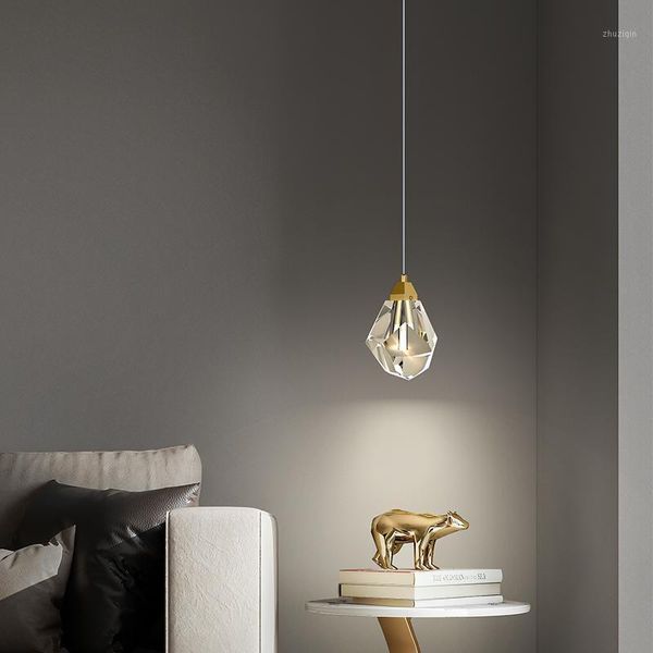 LED Kolye Işıkları Kristal Cam Oturma Odası Dekorasyon Için Bakır Yatak Odası Başucu Nordic Kapalı Altın Asılı Lamba