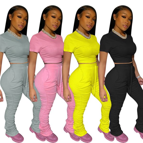 

women solid o-neck short sleeves crop stacked bell bottom jogger sweatpants suit two piece sets sport tracksuit outfits, Gray