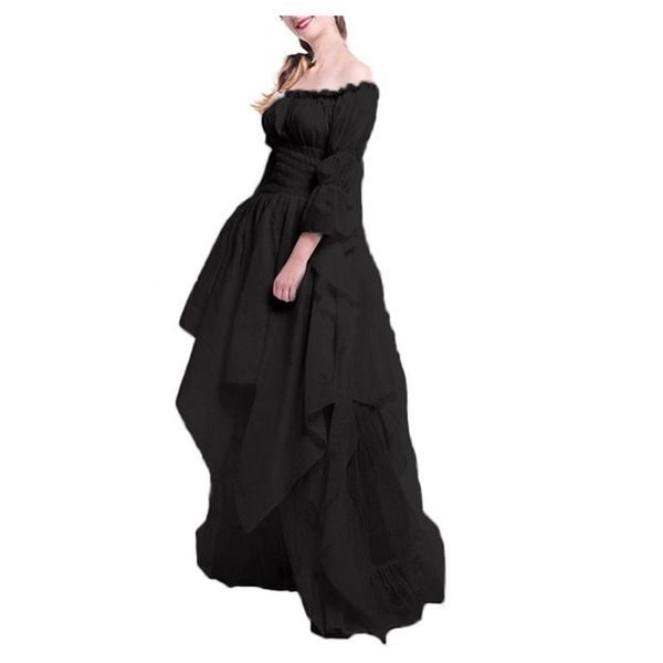 

women's evening party long dress retro style elegant princess trumpet sleeve ladies solid dresses vestidos robe femme casual, Black;gray
