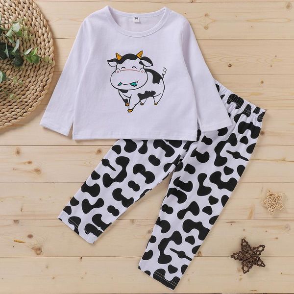 

clothing sets children's boys girls long-sleeved cartoon cow print jacket + pants two-piece home service suit pyjama noel enfant m5, White