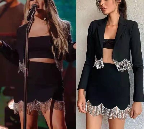 

two piece dress european and american stars with heavy industry tassel diamond chain black suit jacket + a word half skirt iaz8, White