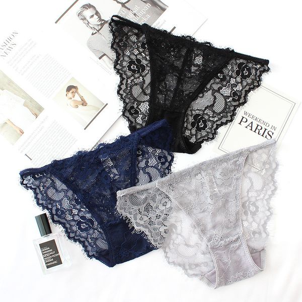 

underwear pantieswomen's lace underpants hollow out alluring eyelashes low waist cotton crotch breech briefs, Black;white