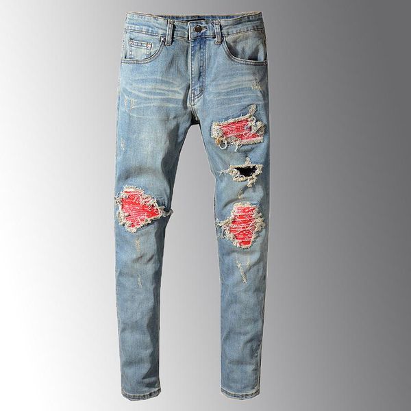 

men's printed red patch biker jeans for moto skinny patchwork holes ripped stretch denim pants fashion slim fit, Blue