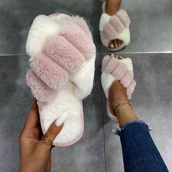 

winter women furry slippers soft plush cross faux fur shoes indoor ladies platform sandalias open toe fluffy house slides y220214, Black