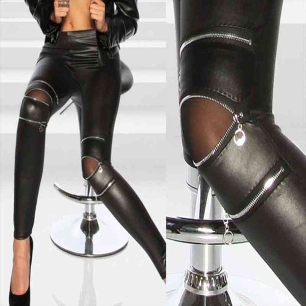 

faux leather leggings women fashion high elastic skinny zippers leggings pants hole pu leather legging leggins mujer, Black