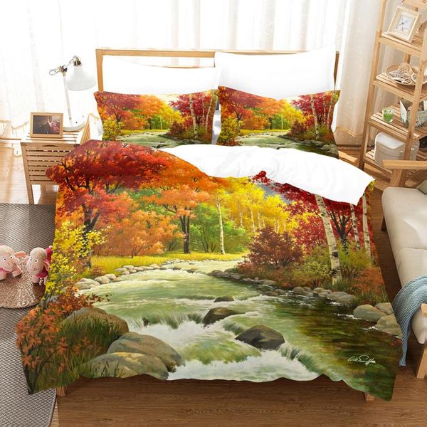 

bedding sets 3d autumn forest river scenic set red quilt cover with pillowcase 2/3pcs  king size luxury comforter