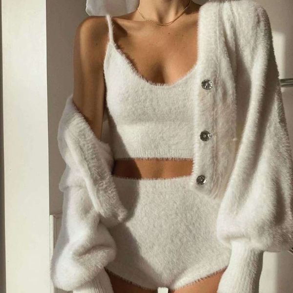 

women's sweaters hoodies mohair loose knitted cardigan autumn winter lazy wind v-neck coat and three piece suspender shorts g1y2, White;black