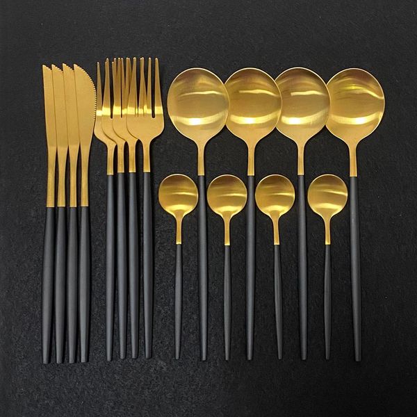 

dinnerware set 16pcs black handle gold cutlery set stainless steel dinner scoop fork knife teaspoon tableware for home set