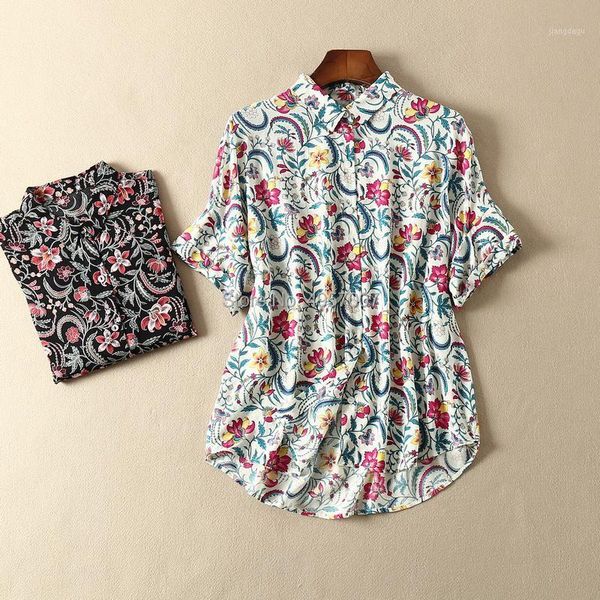 

silk & cotton floral print short sleeve lapel blouse shirt - 2021ss women fashion casual women's blouses shirts, White