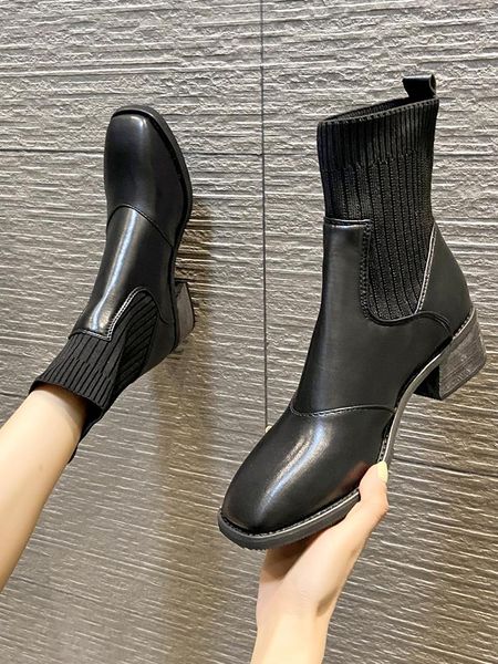 

boots stretch socks for women autumn 2021 style square toe thick heels waterproof platform ladies designer shoes ankle, Black